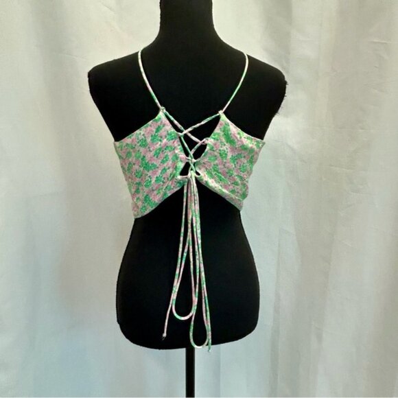 Zara pink green floral flower print halter crop top open back lace up L Summer - Picture 5 of 10